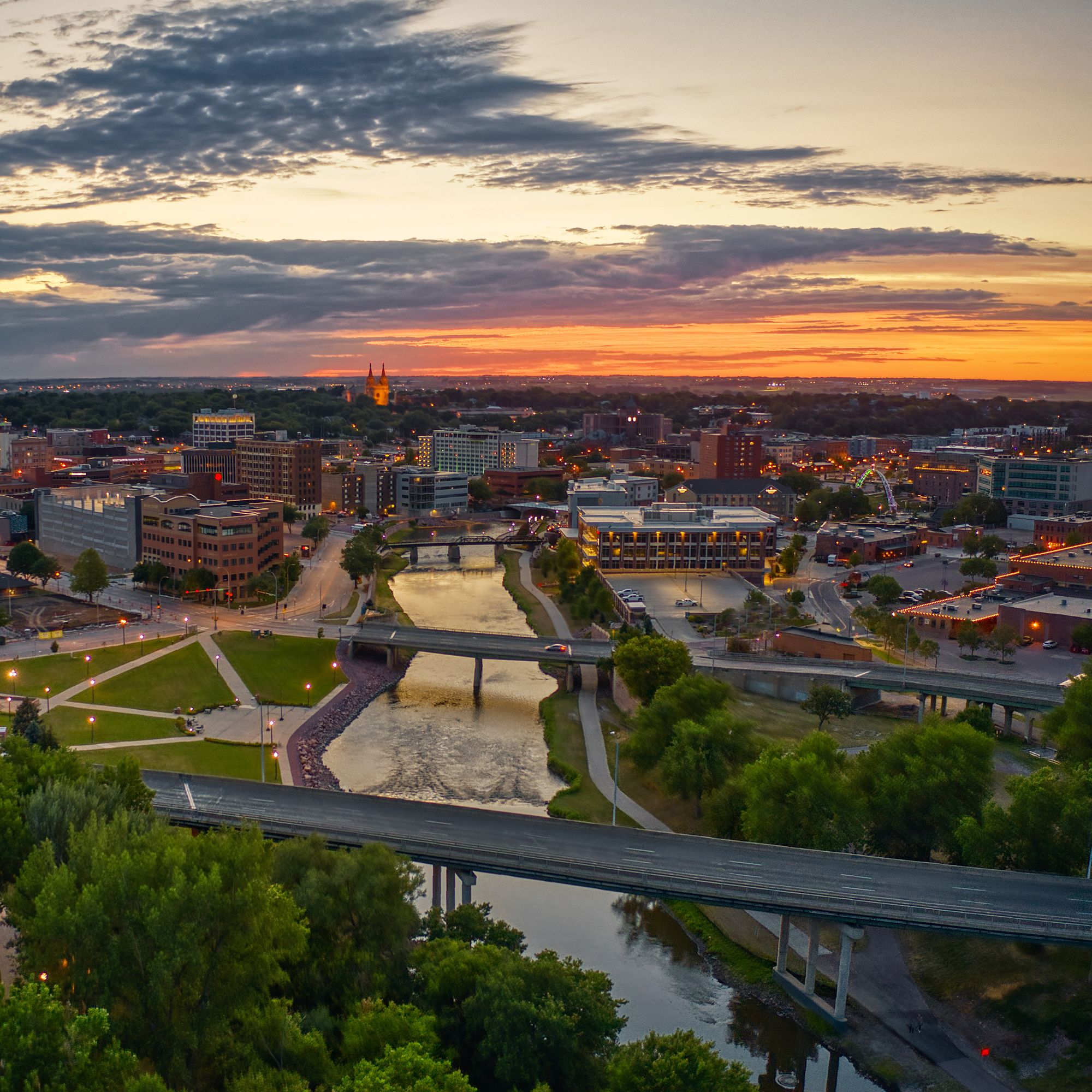 aerial shot of downtown sioux falls, south dakota at sunset